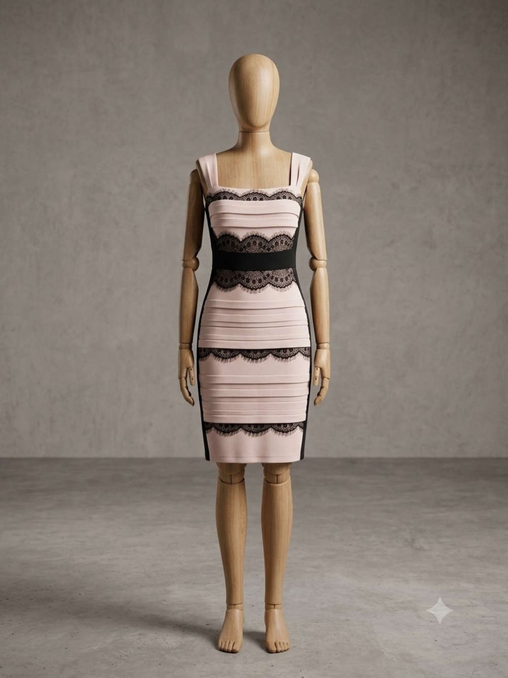 Jax Sleeveless Blush Pink Bandage Dress with Black Lace Trim(Small)